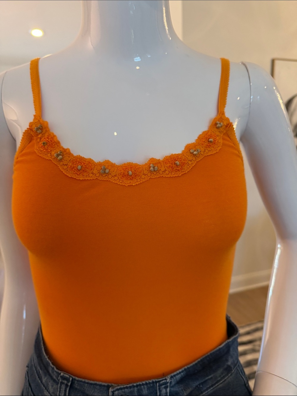 Floral Lace-Trim Orange Spaghetti Strap Camisole